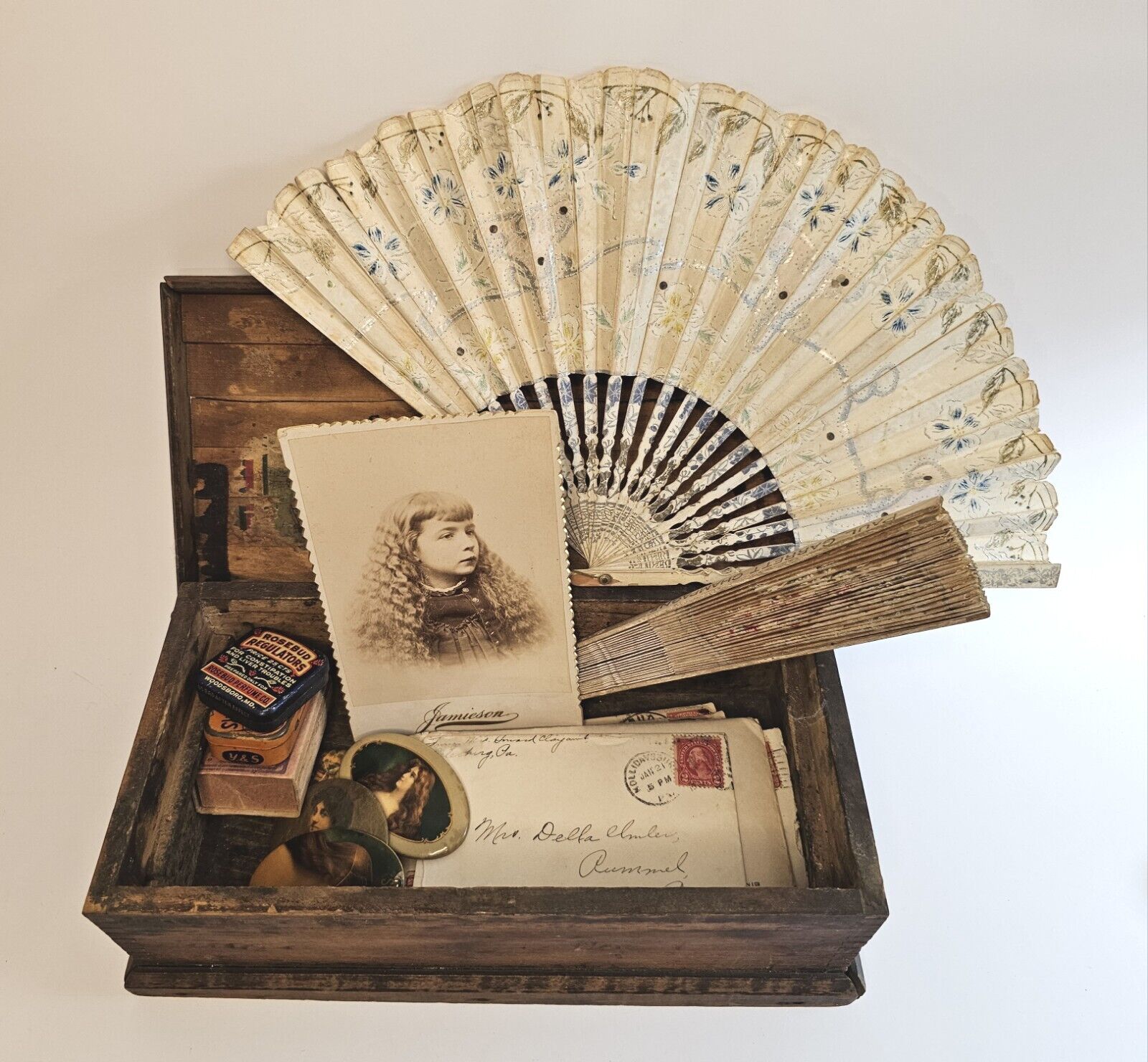 Antique Wooden Dovetail Box Della Acker Love Letters & More 1906 Bedford Co, PA