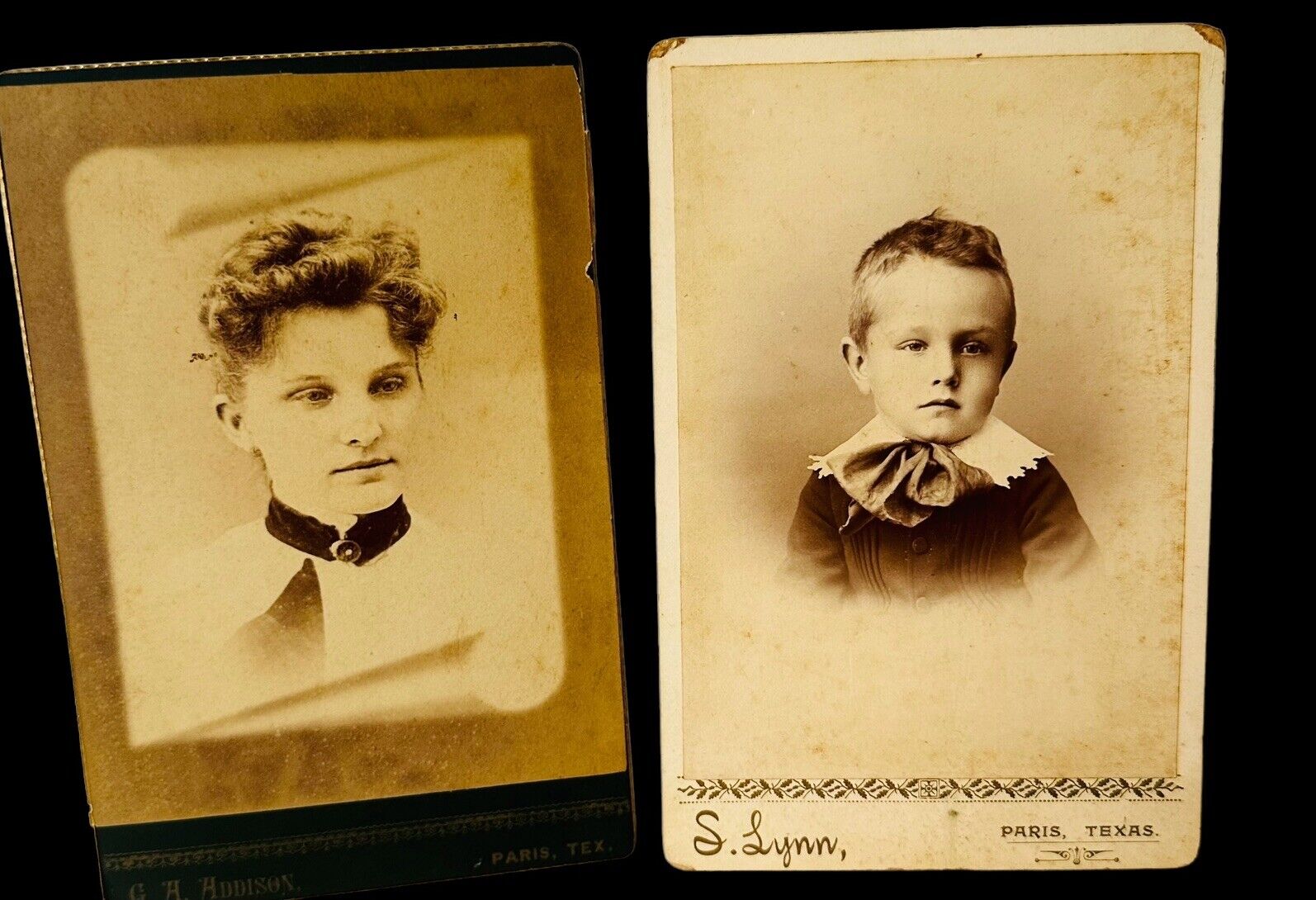 Antique 1886 Photos (2) Young Mother and Her Five Year Old Son Taken In Paris TX
