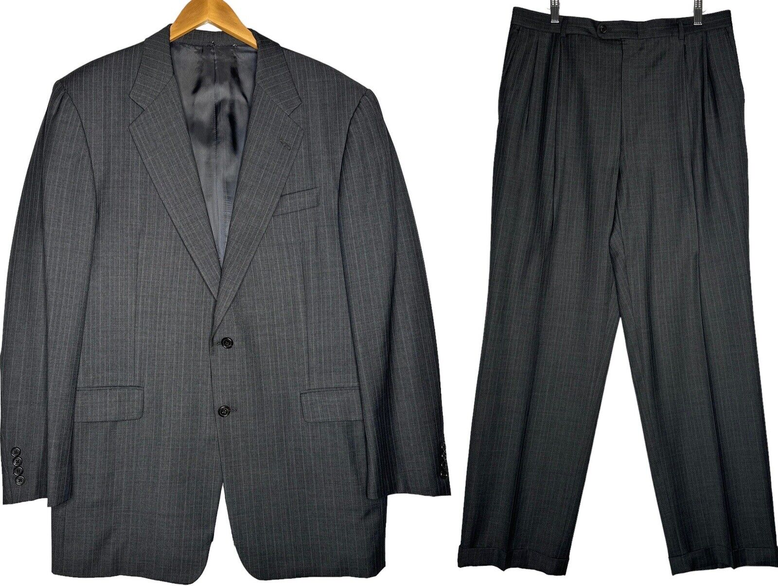 Hickey Freeman Mens 2 Pcs Suit Gray Stripe Super 130\'s Loro Piani Wool 42L 35x31