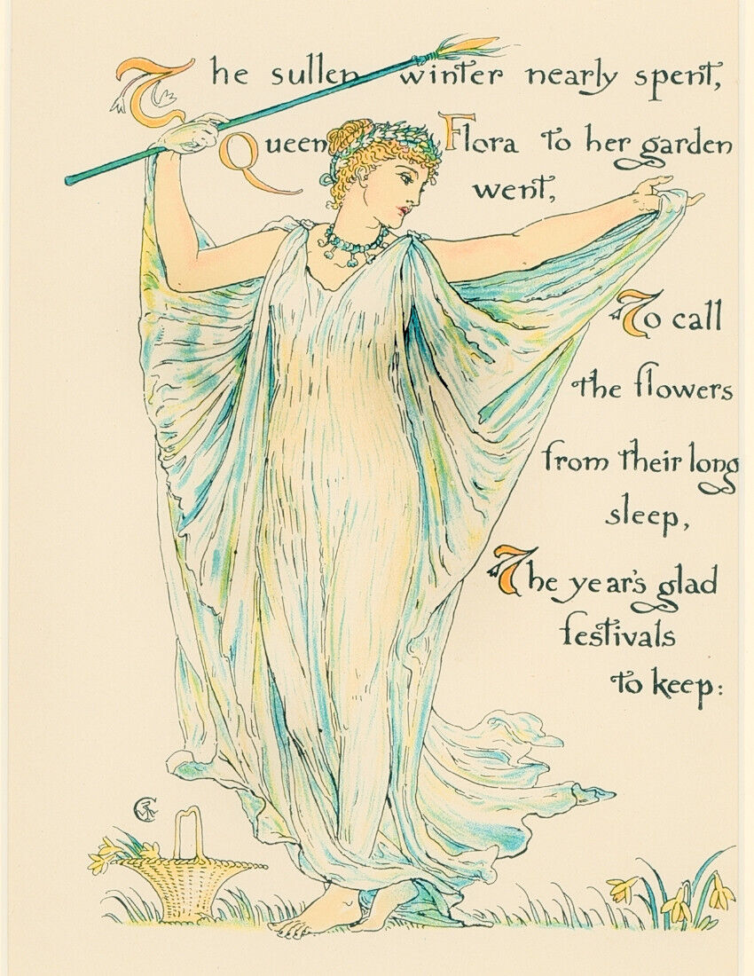 Antique Print Edwardian Walter Crane Book Plate Flora 1903 Queen-Matted 11x14