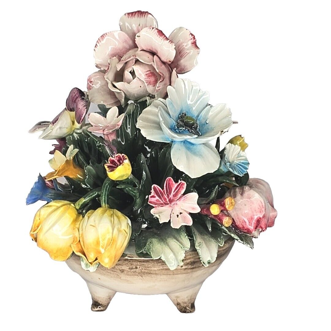 Vintage Mollica Capodimonte Handmade Porcelain Basket of Flowers