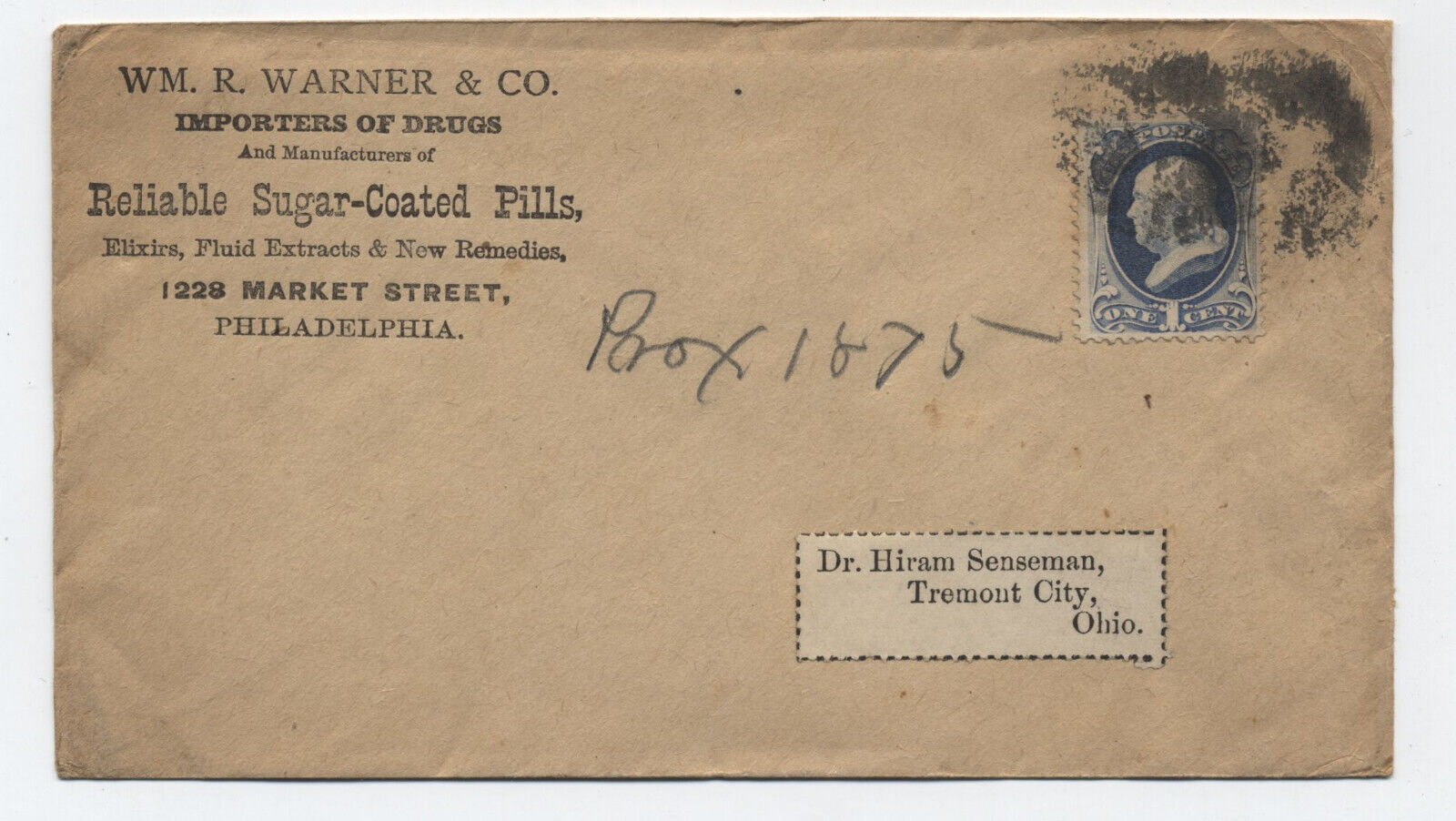 1870s Philadelphia PA 1ct banknote cover Wm. R. Warner & Co. pills [h.4791]