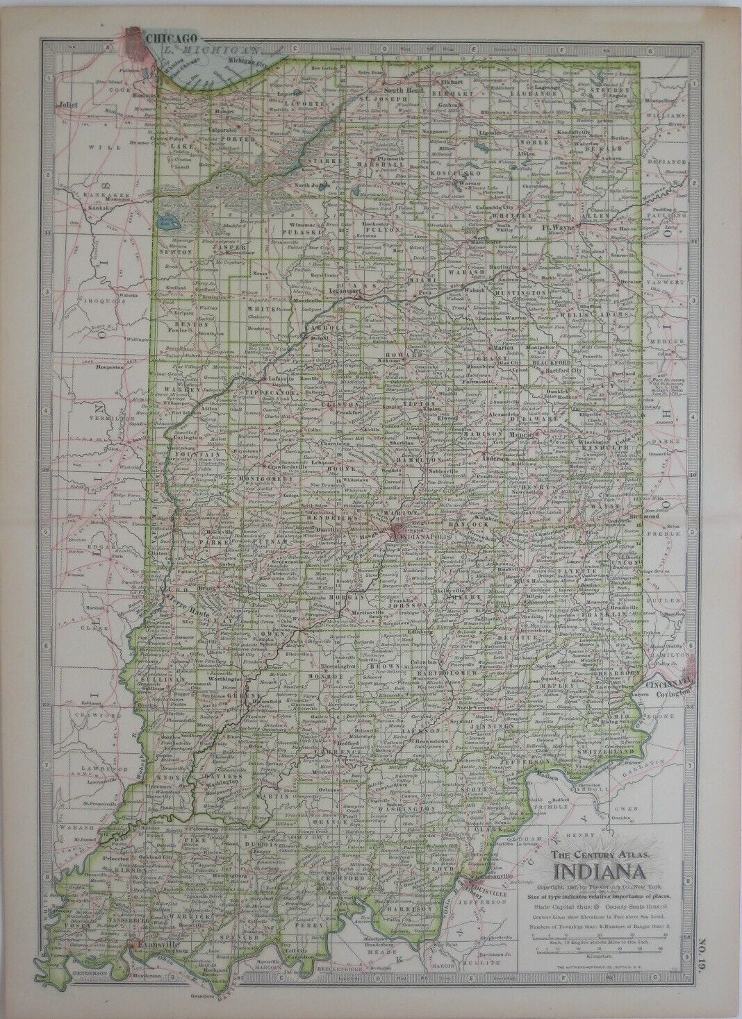 Original 1897 Map INDIANA Muncie Evansville South Bend Fort Wayne Terre Haute