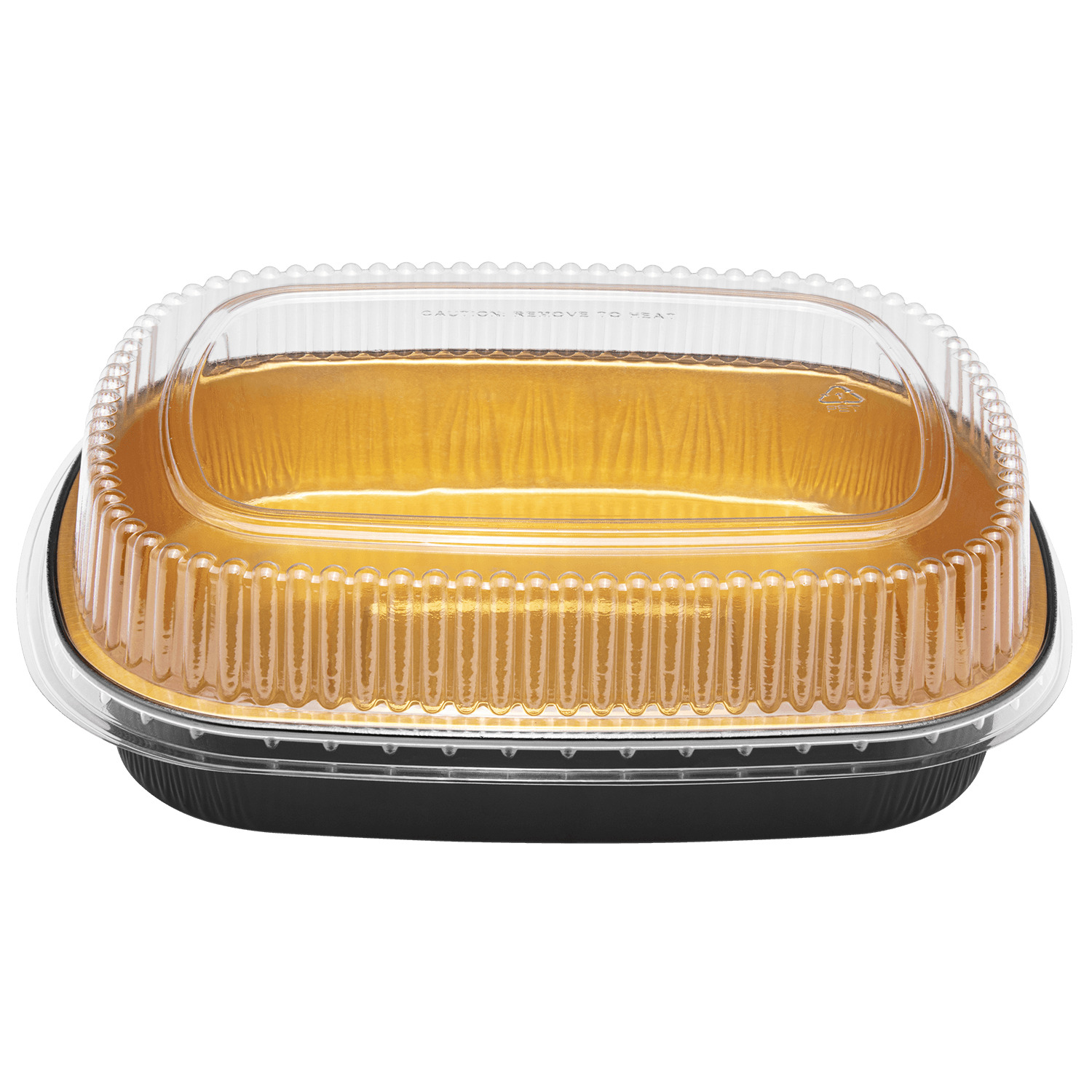 Karat 72 oz Black and Gold Aluminum Foil Take Out Pan with Clear PET Dome Lid