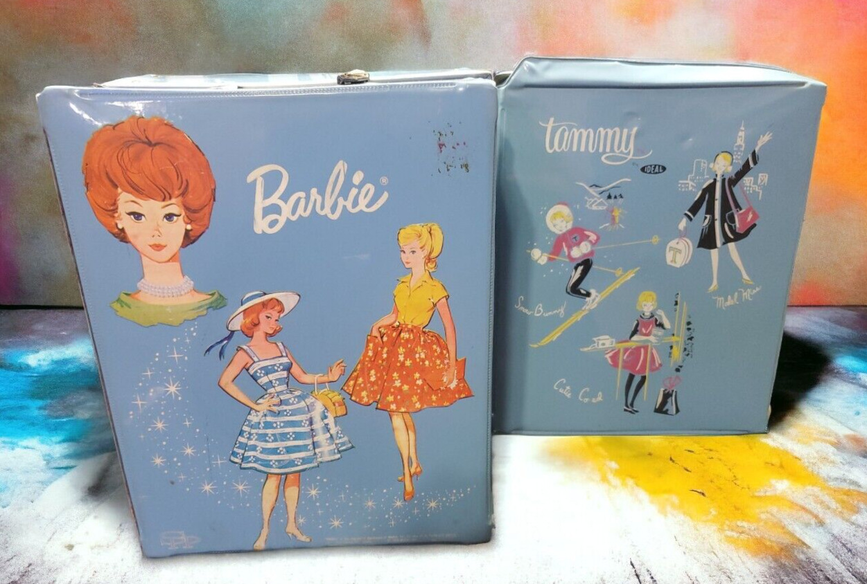 2 Vintage Barbie Doll Travel Case 1964 with lots of vintage clothing from 1960's