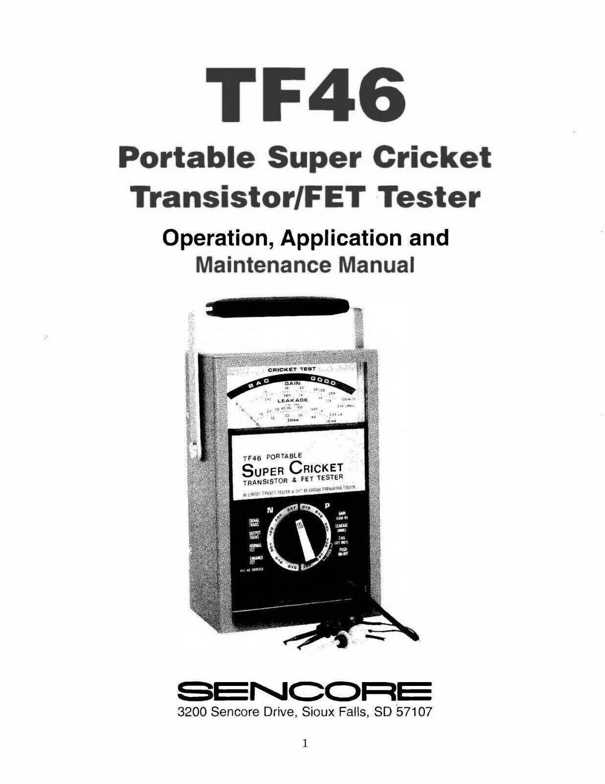Operation and Maintenance Manual Fits Sencore TF-46 Cricket Schematic