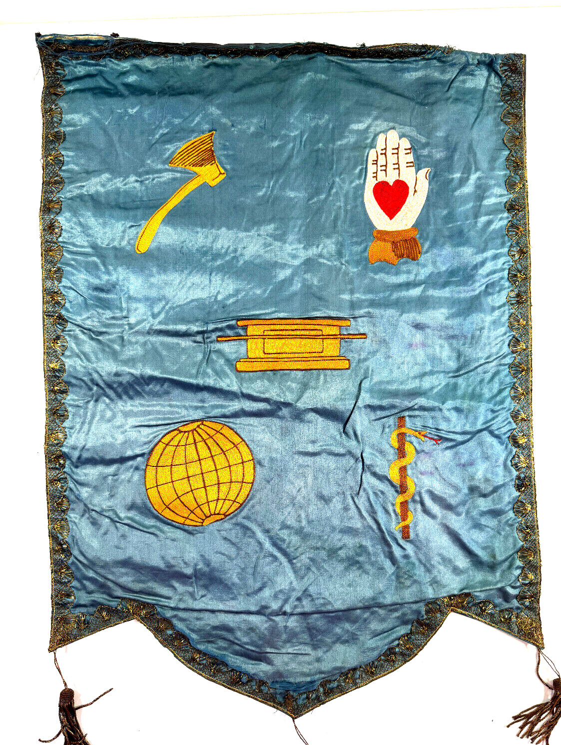Antique Odd Fellows Wall Banner Heart in Hand Axe Snake Staff Globe Casket W@W