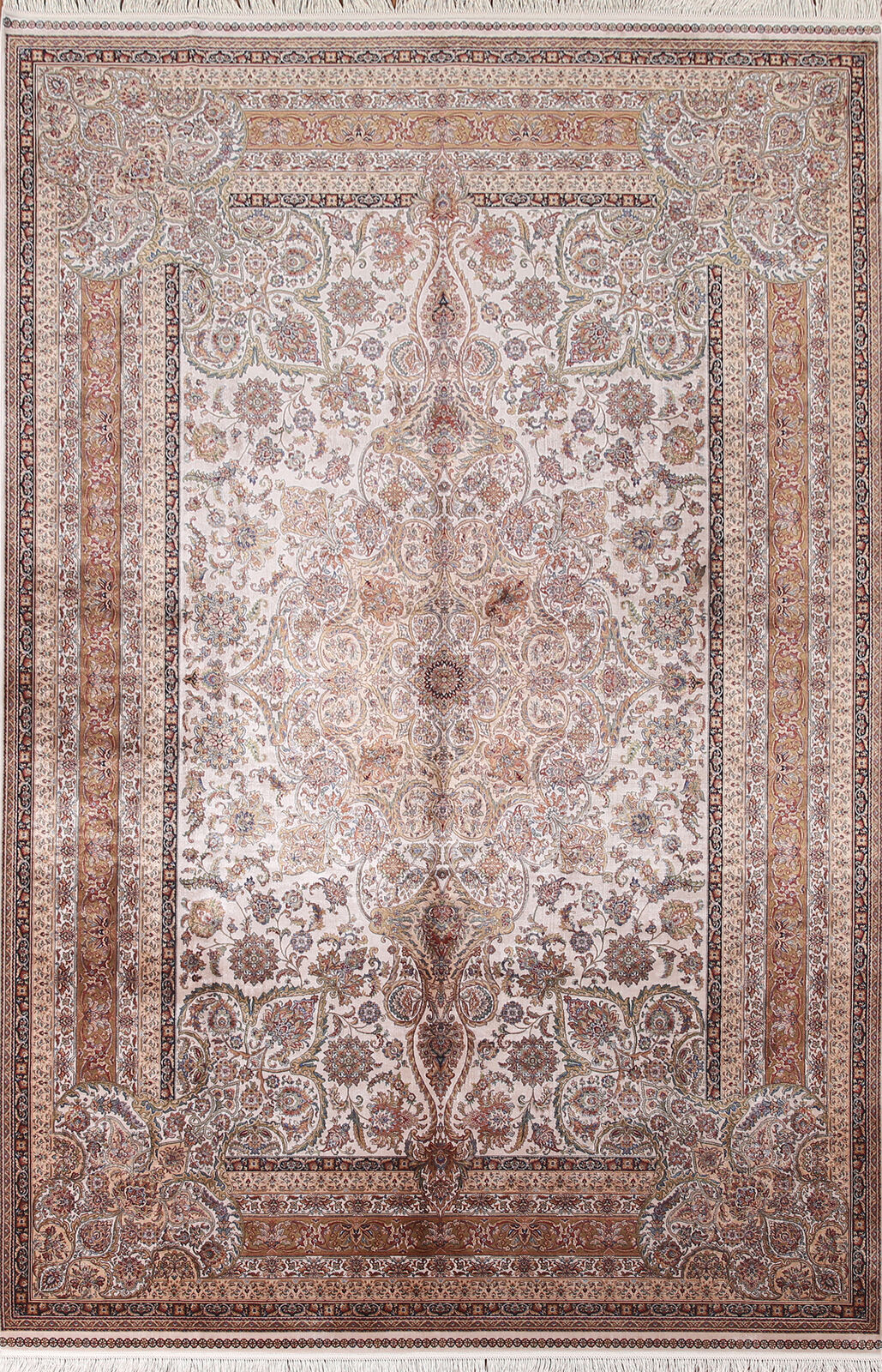 Silk Living Room Turkish Floral Ivory 7x10 ft Area Rug Soft Pile Carpet