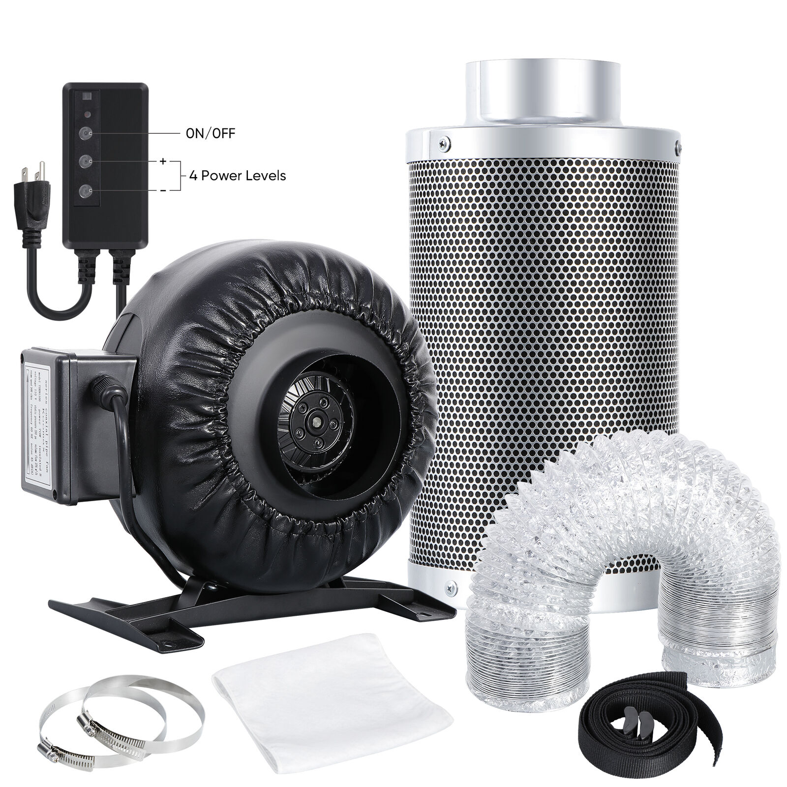 4 Inch 276 CFM Inline Fan Air Carbon Filter 8\'  Ducting Combo Speed Controller