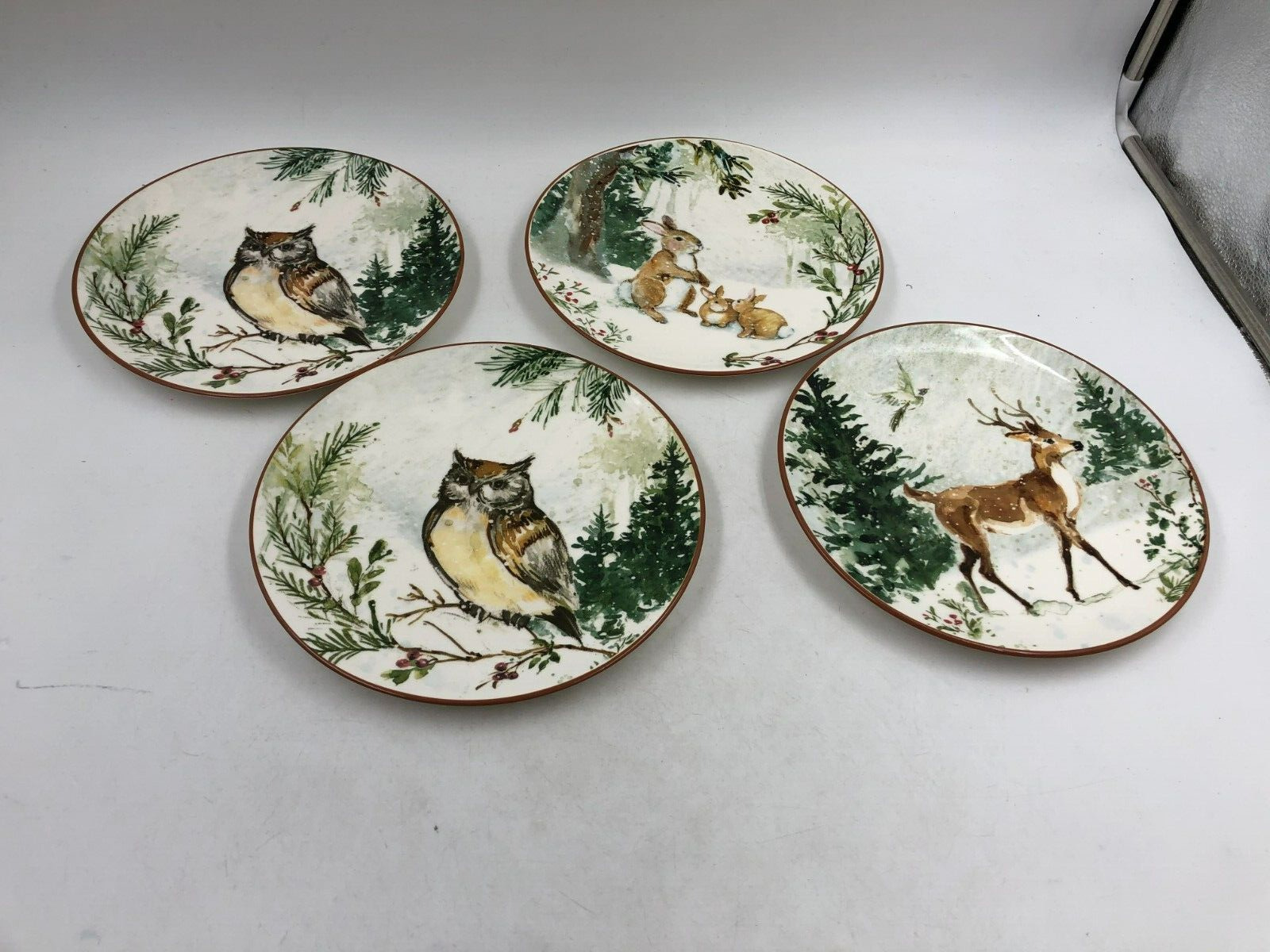 Cracker Barrel Ceramic 8.5in Winter Owl, Bunny & Deer Plate set of 4 BB02B37017