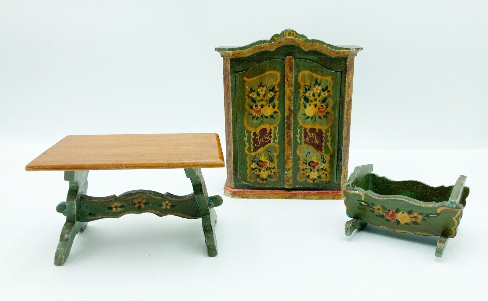 Vtg Early 1900s Dora Kuhn German Dollhouse Furniture Table Cradle Cupboard