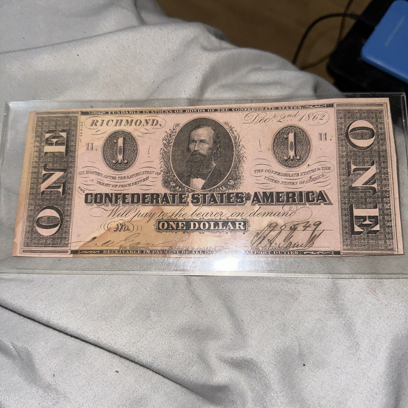 T-55 1862 $1 ONE DOLLAR CSA CONFEDERATE STATES OF AMERICA CURRENCY NOTE (C)