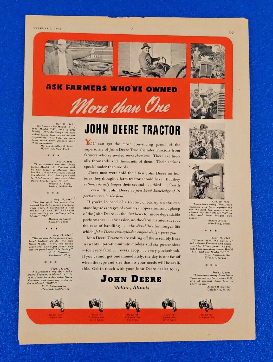 1946 JOHN DEERE TRACTORS MODELS GM D A H B ORIGINAL COLOR PRINT AD - LOT S24