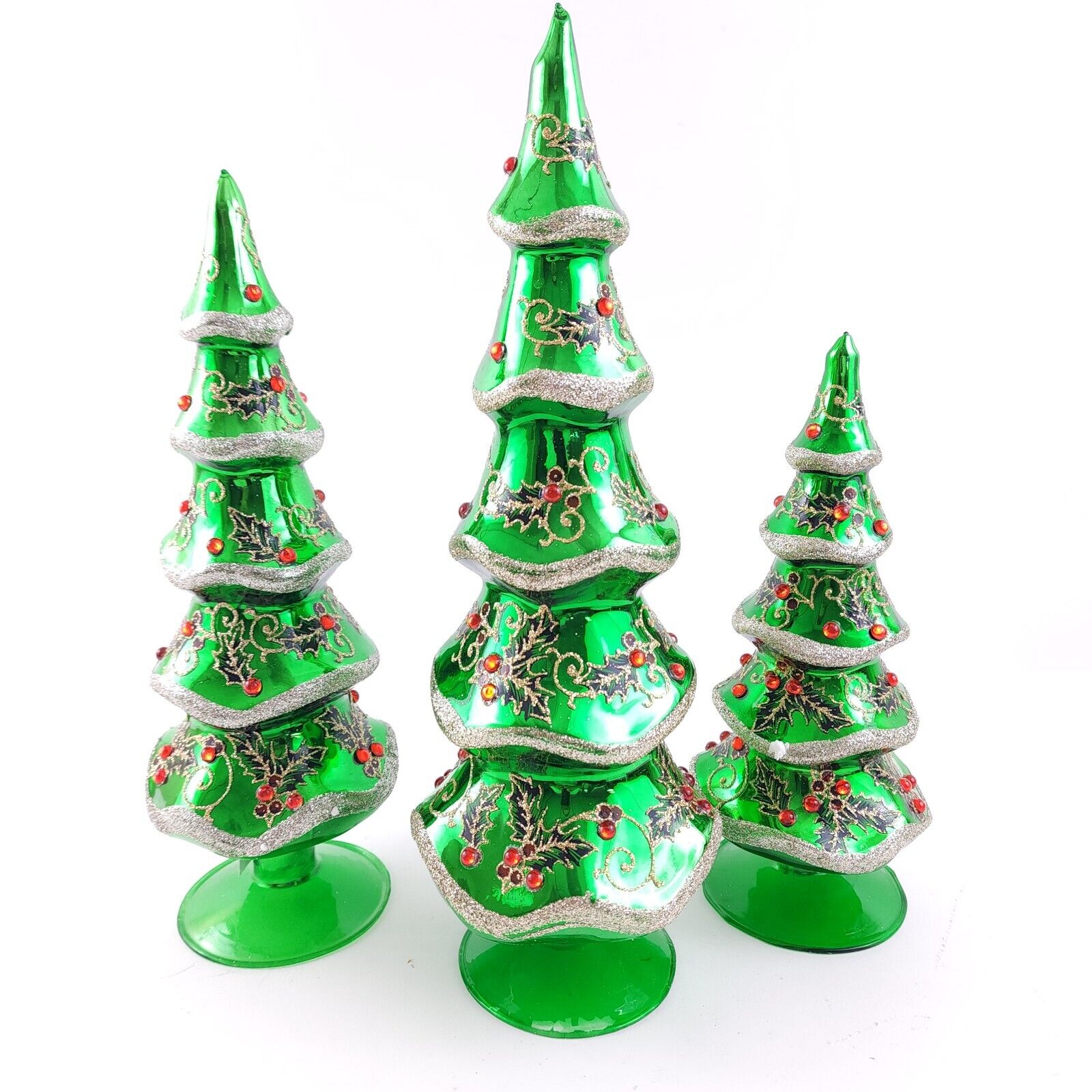 Set of 3 Holly Leaf Glass Trees by Valerie Green Christmas Holiday Decor
