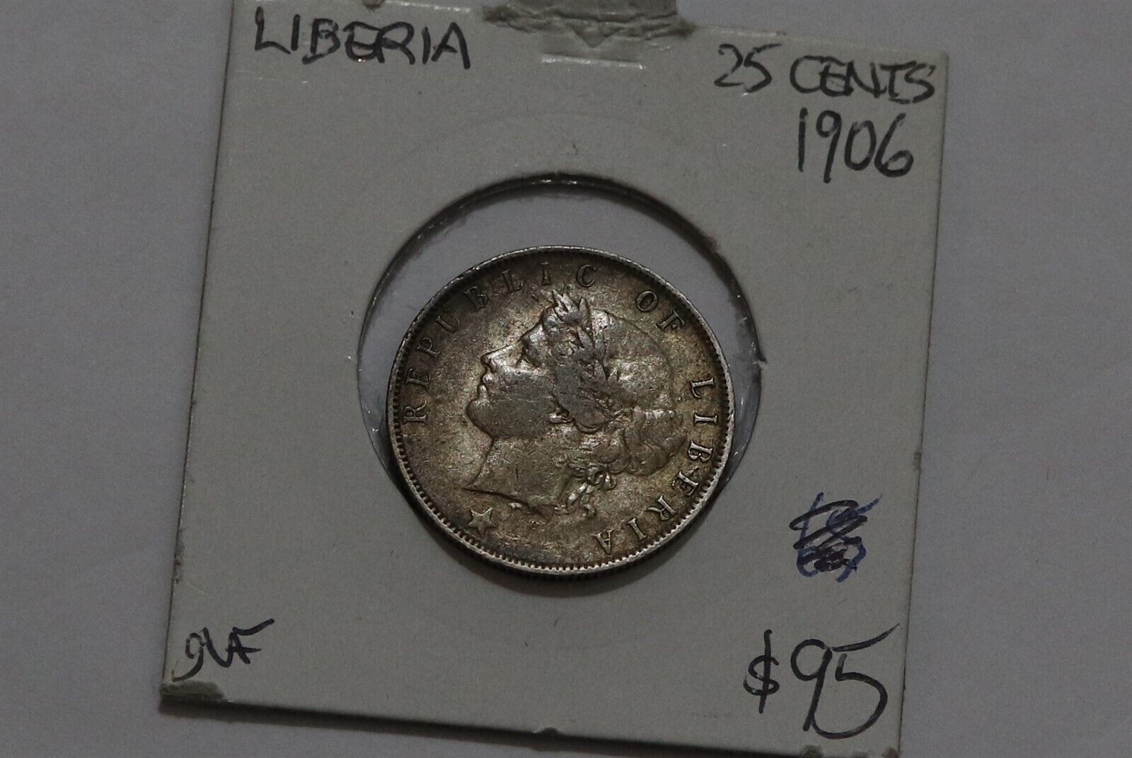 🧭 🇱🇷 LIBERIA 25 CENTS 1906 SILVER SCARCE B70 #100