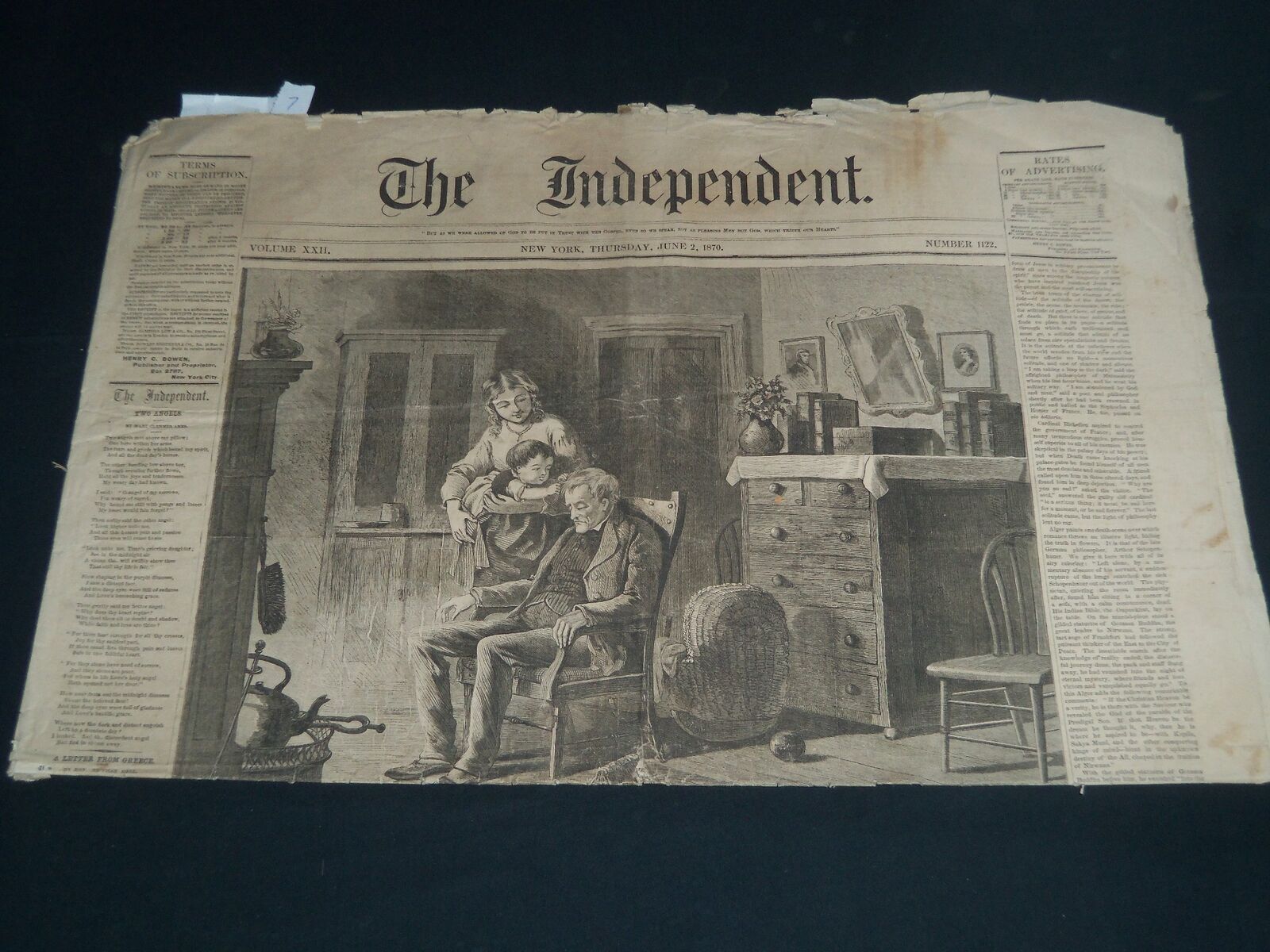1870 JUNE 2 THE INDEPENDENT NEWSPAPER - CENTRAL PARK ILLUSTRATION - NT 7625