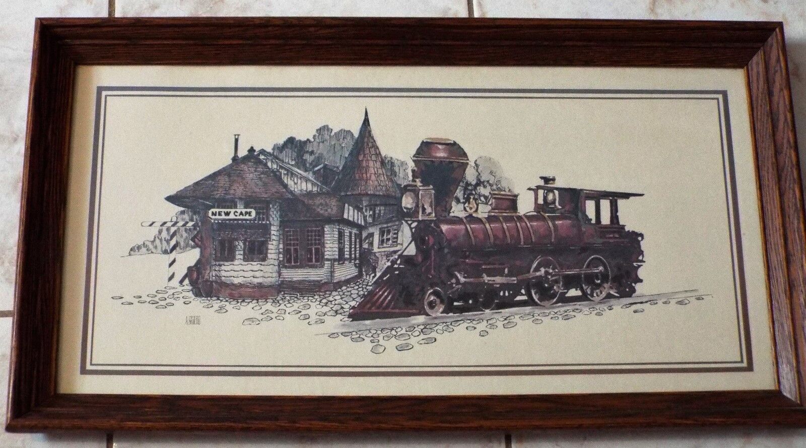 Rare Vintage Ethan Allen Train New Cape Art Framed Print by A. Gruerio.26x14 