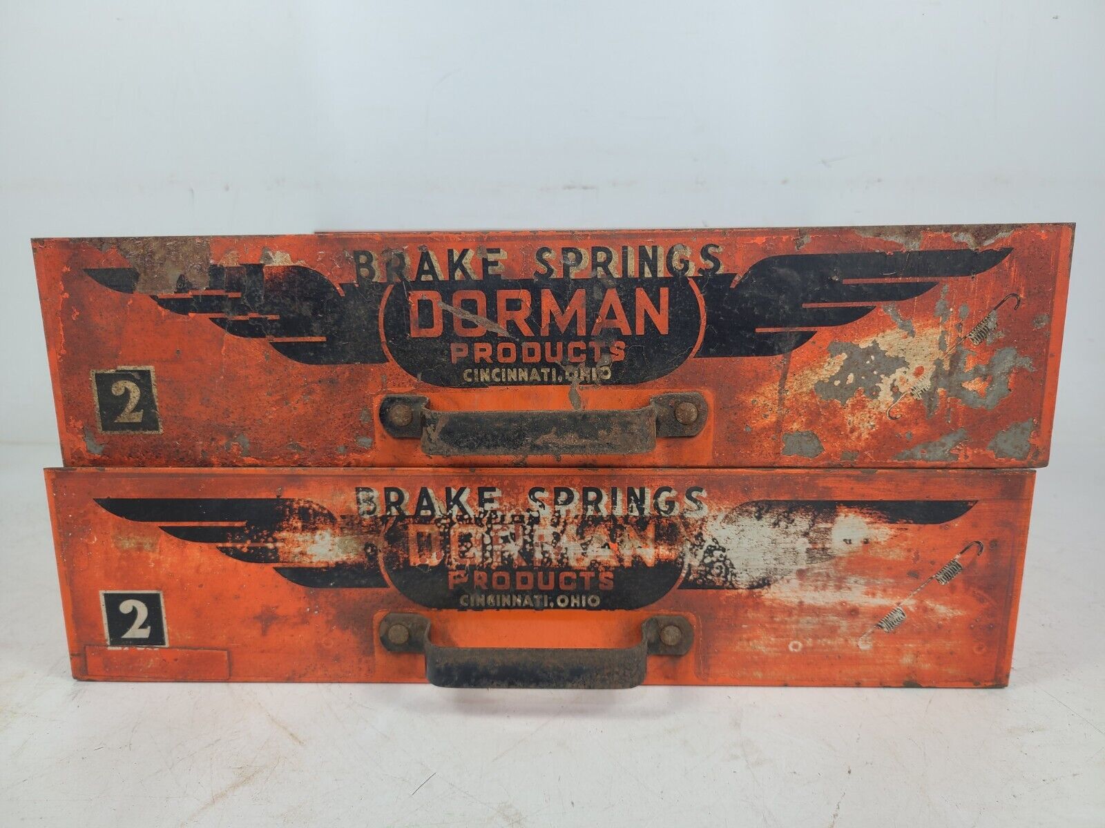 Vintage Dorman #2 Brake Springs Steel Orange Cabinet Organizer Drawers Lot Of 2