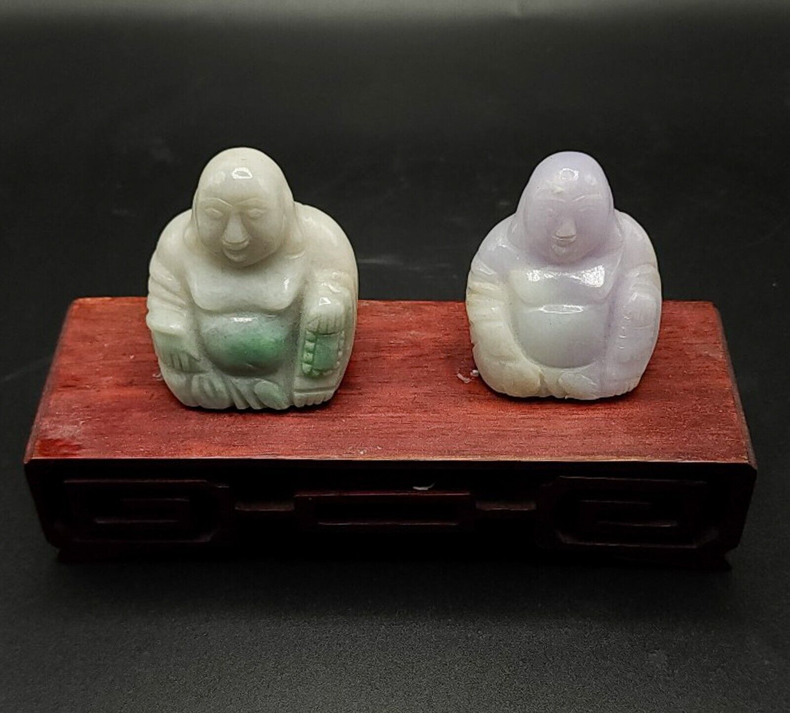 Pair of Late Qing Jade Buddhas (Green & Lavender) on Rosewood Stand 19th C