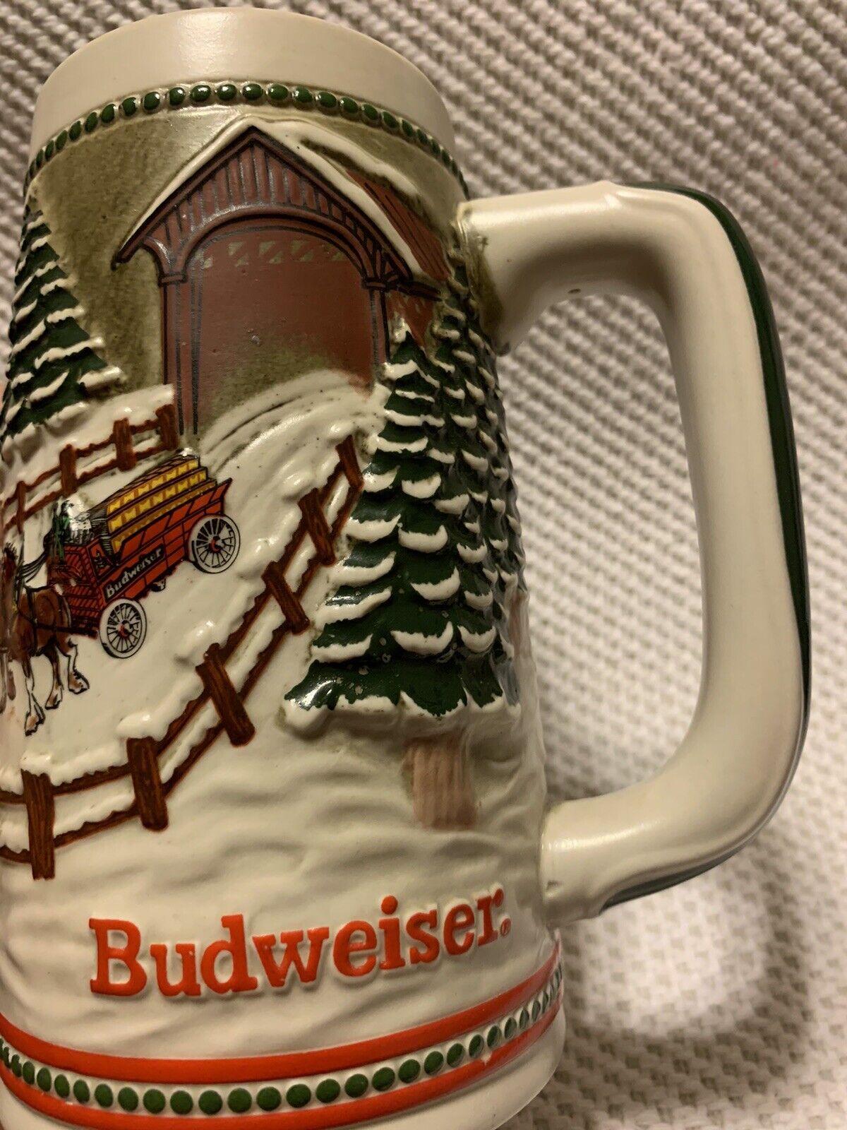 Budweiser 1984 Christmas Snowy Winters Eve Covered Bridge Holiday Beer Stein