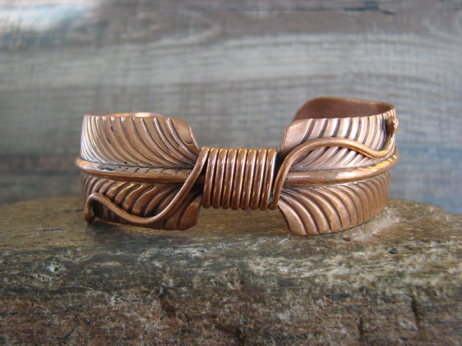 Navajo Indian Hand Stamped Copper Feather Bracelet Signed Etsitty