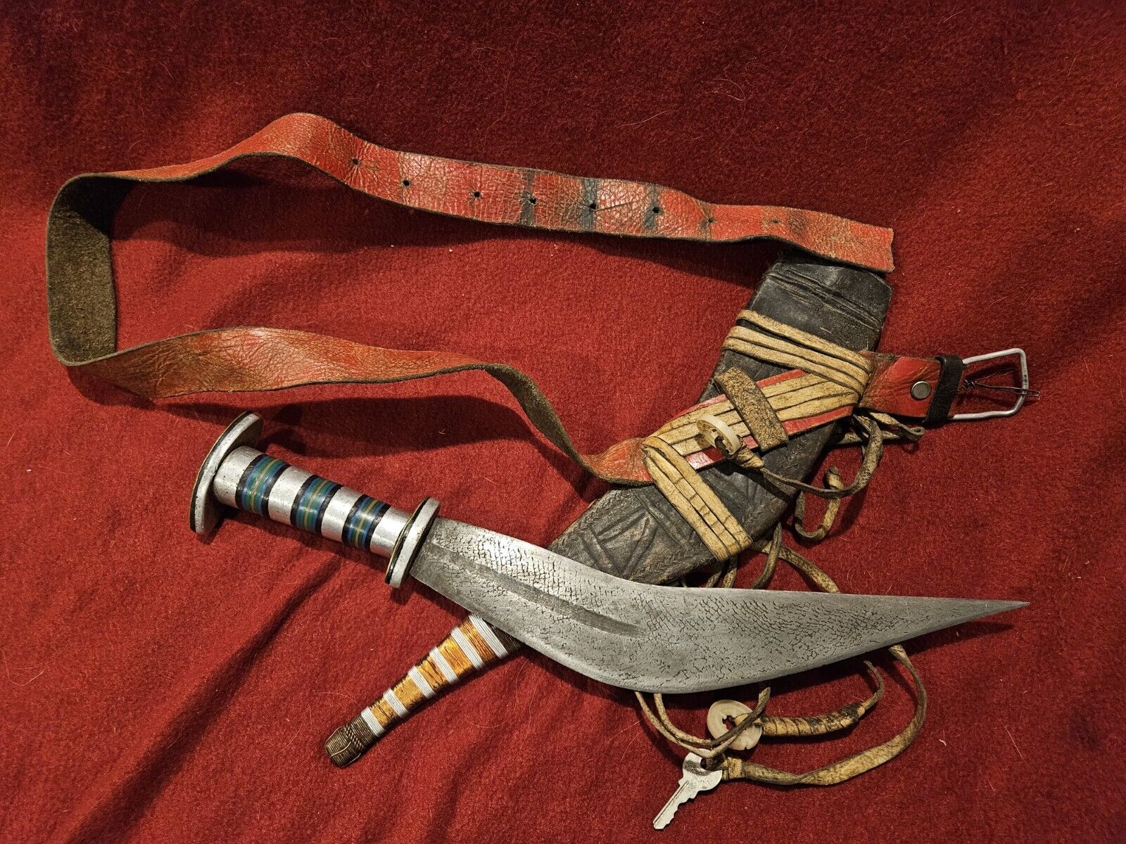 Antique African Fighting Bush Knife With Ornate Blade And Unique Leather Sheath
