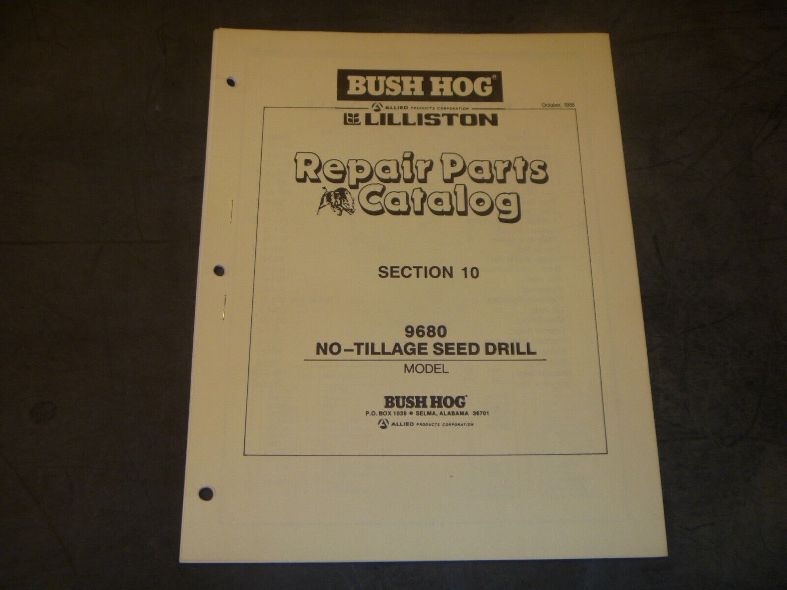Bush Hog Lilliston 9680 No-Tillage Seed Drill Parts Catalog Manual