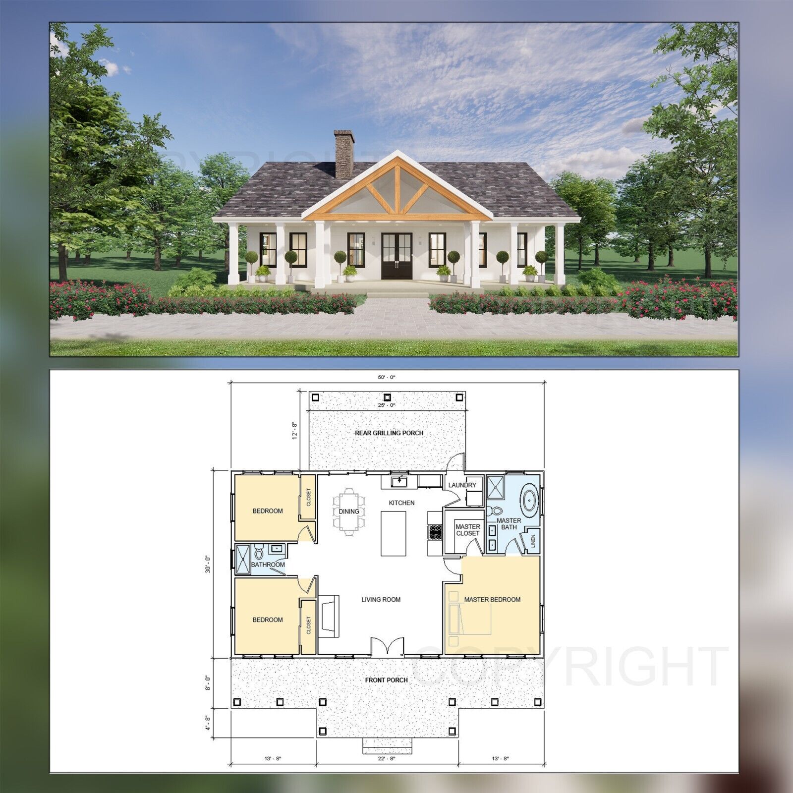 Custom House Design - Modern Ranch Farmhouse 1500 SF - Drawing Blueprint