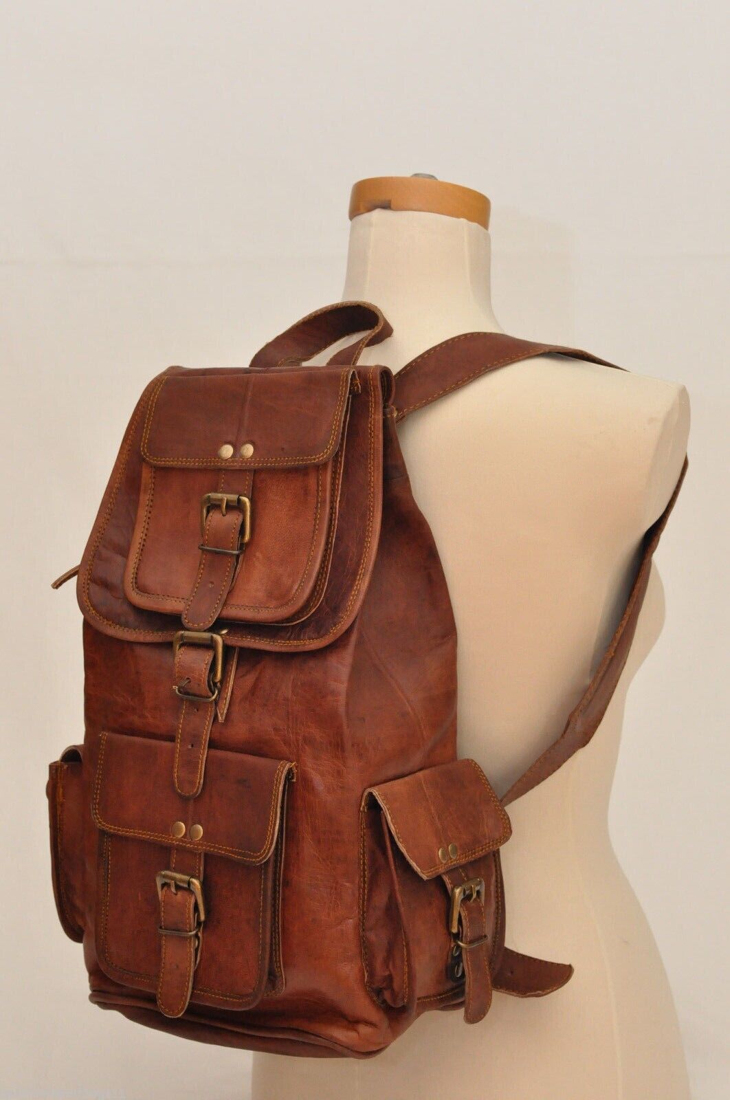 Men\'s Goat Leather Backpack Vintage Bag Travel Rucksack Genuine