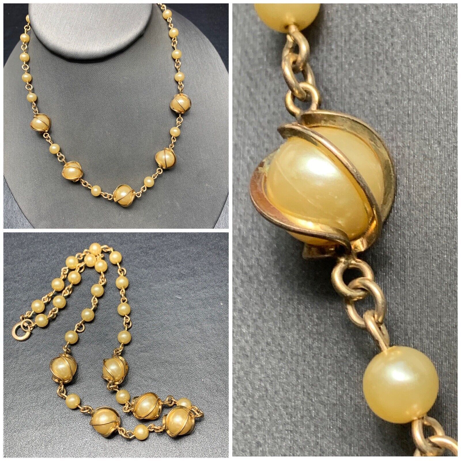 Vintage Well Made 12k Gold Filled Gold Caged Cream Pearl Necklace Sport Ring 14”