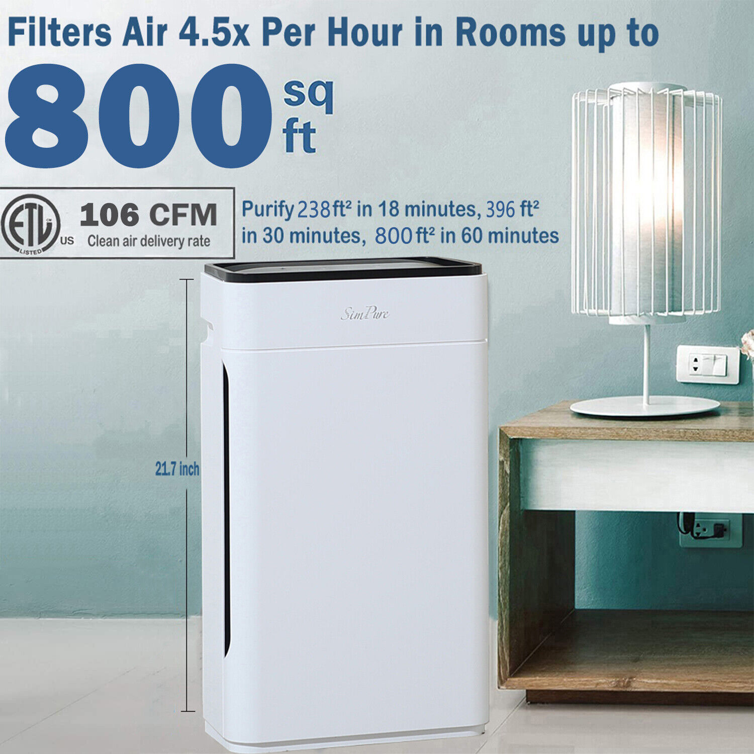 SimPure HP8 H13 HEPA Air Purifier for Large Room up to 800 sq.ft Air Cleaner