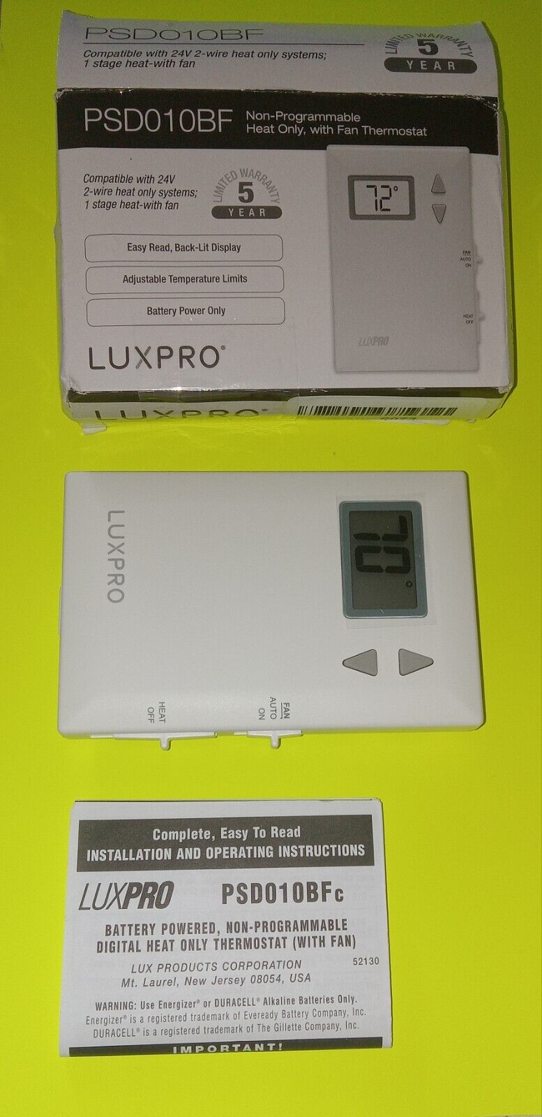 LuxPro Digital 2 Wire Heat Only Thermostat - PSD010BF  New Open Box