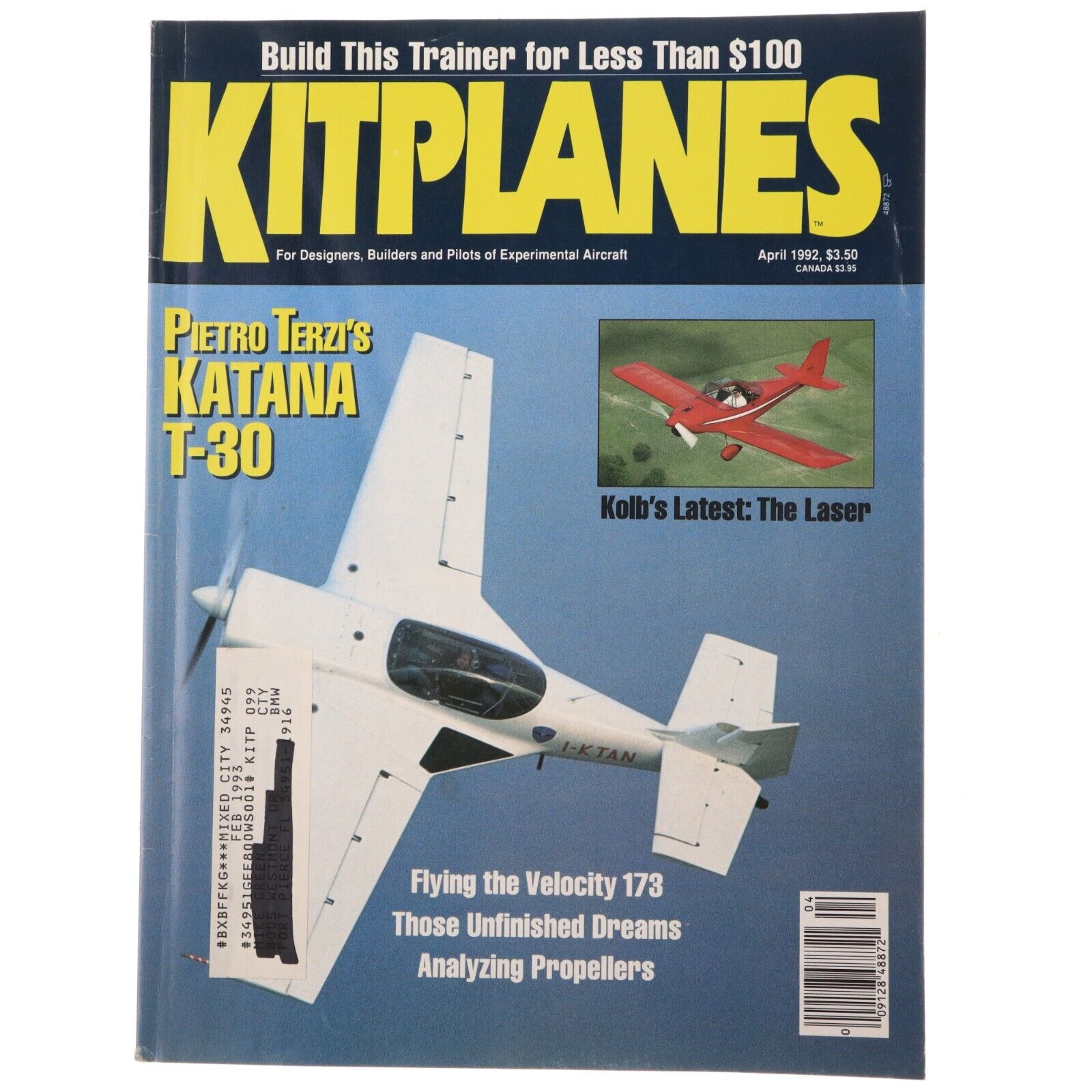 Kitplanes Magazine April 1992 Pietro Terzi\'s Katana T-30