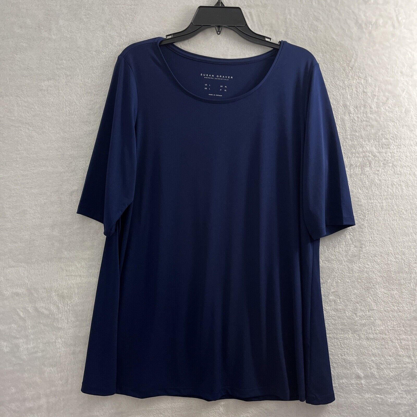 Susan Graver Tunic Top Womans Large Solid Blue Short Sleeve Round Neck Pullover