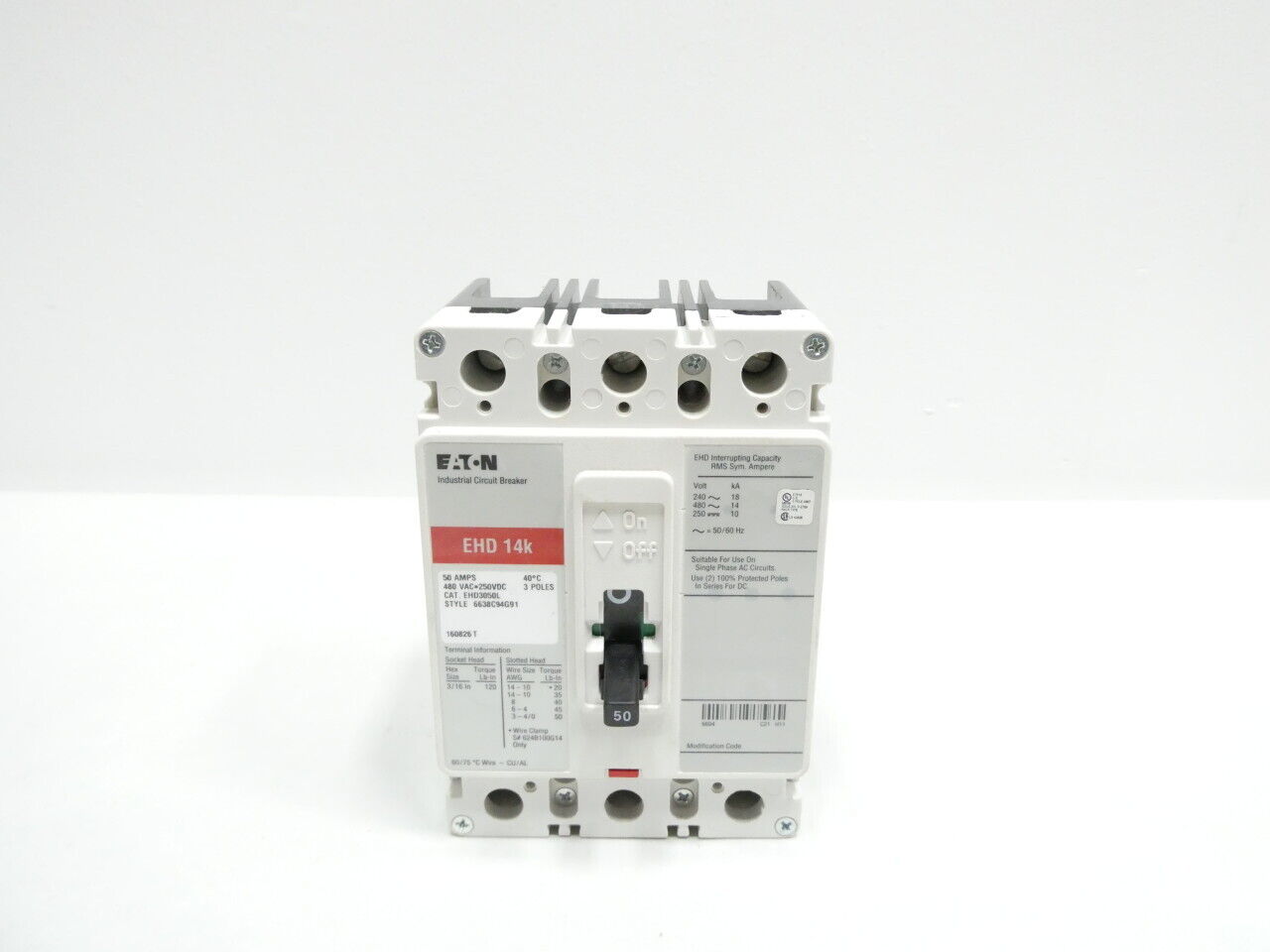 Eaton EHD3050L Molded Case Circuit Breaker 3p 50a Amp 480v-ac