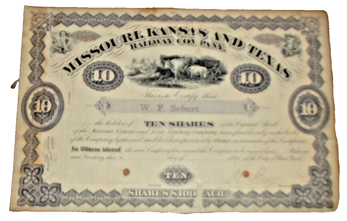 1889 MISSOURI KANSAS TEXAS RAILWAY MKT CAPITAL STOCK TEN SHARE CERTIFICATE