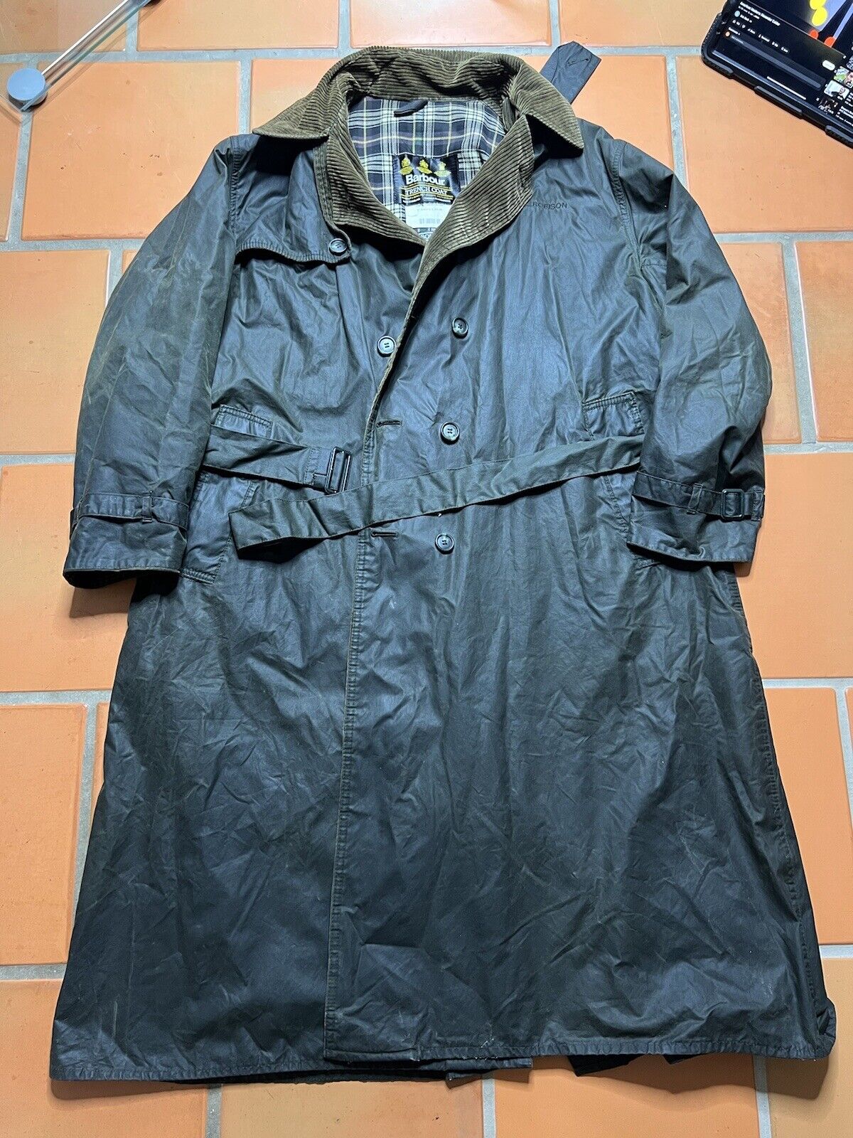 Vintage BARBOUR A600 Olive Wax Trench Coat C44 Sz 44  Double Breasted