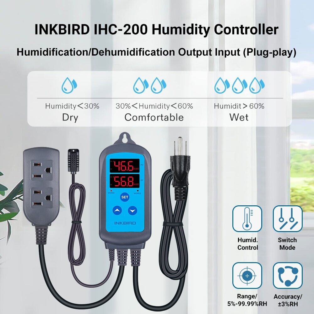 INKBIRD Humidity Controller 110V Dual Relay Humidity Control Switch Sensor Alarm