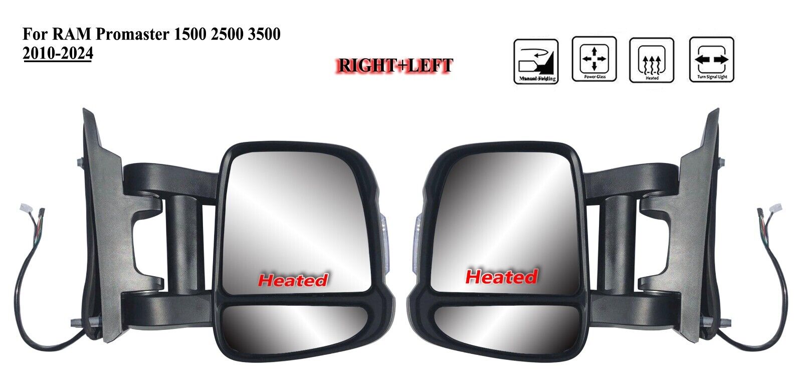 Pair Right and Left Power Heated Long Arm Mirror For Ram Pormaster 2010-2023