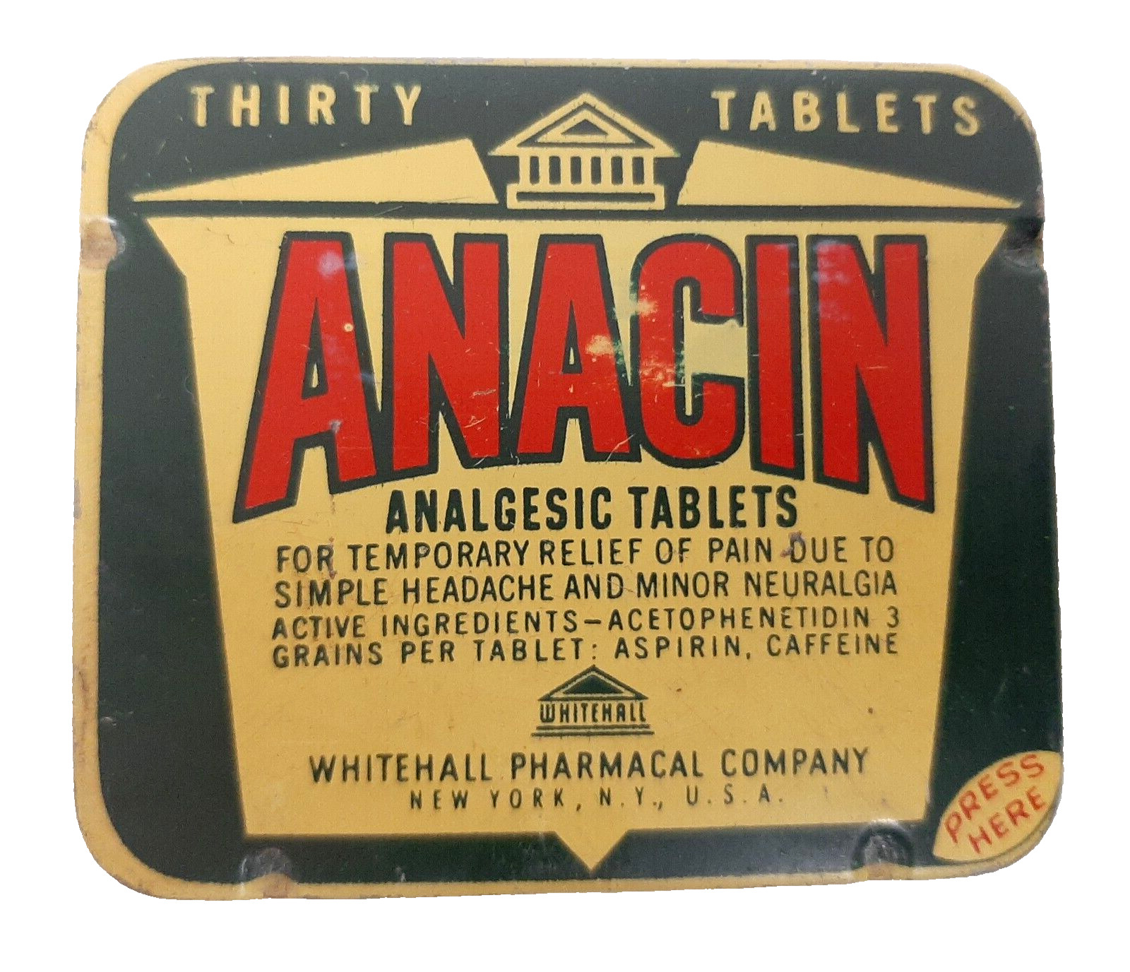 Vintage Anacin Headache Medicine Tin Small Yellow Metal Box