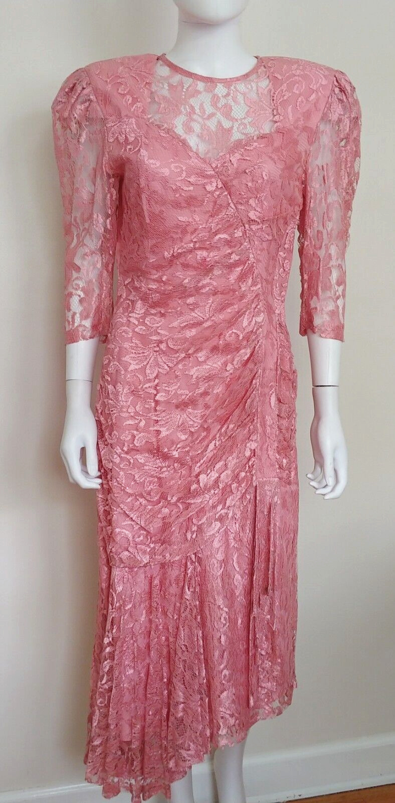 80s Vintage 20s flapper floral Lace wedding Cottage Girlcore sheer dress M