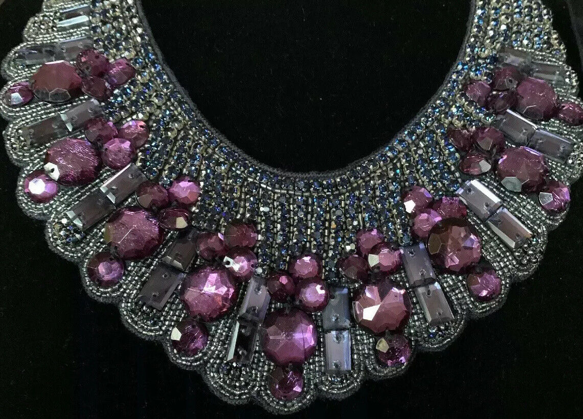 Vintage Haute Hippie Bib Necklace Purple Diamond Crystal Silk 61in