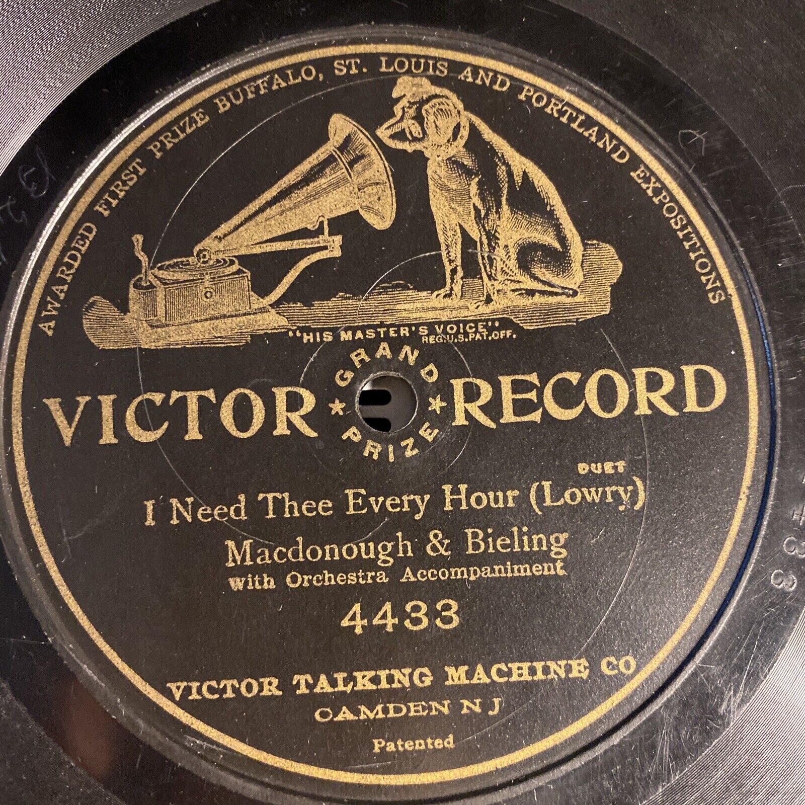 MACDONOUGH & BIELING 78 rpm VICTOR 4433  I NEED THEE EVERY HOUR tenor duet 1905