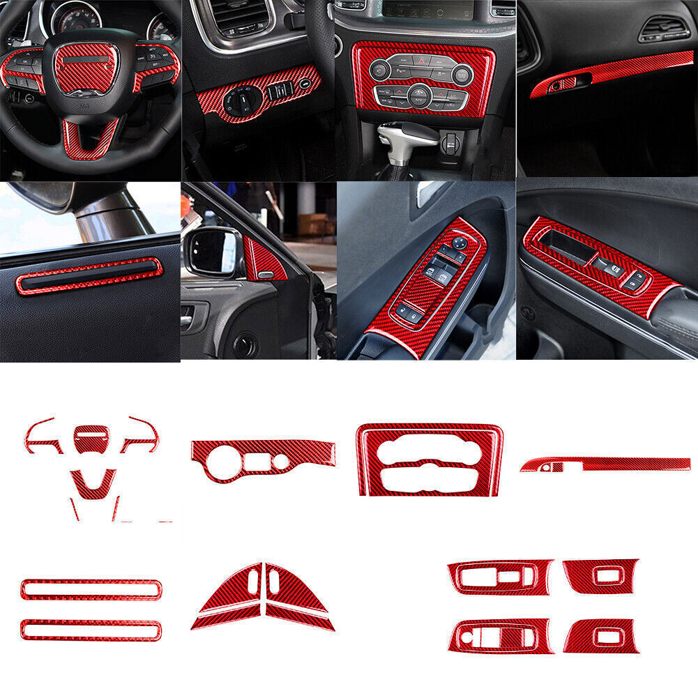26Pcs Red Carbon Fiber Interior Full Set Cover Trim For Dodge Charger 2015-2020