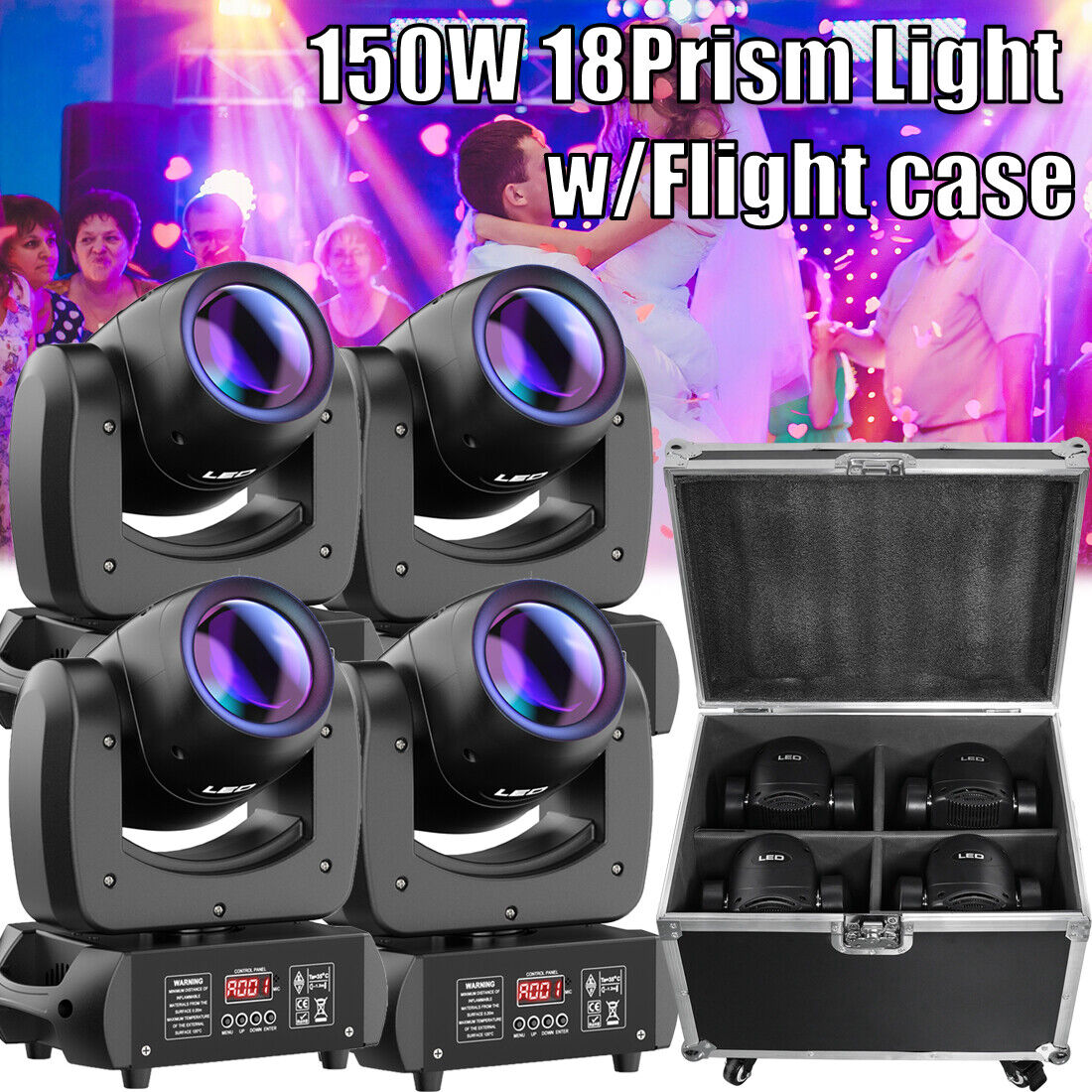 2/4Pcs 150W Beam Moving Head 18 Prism Stage Light LED GOBO Spot DMX Disco & Case