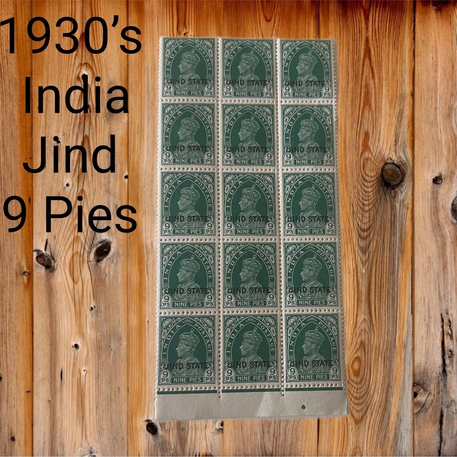 1930’s INDIA JIND State 9 PIES BLOCK OF 15 Postage Stamps SJXX-497