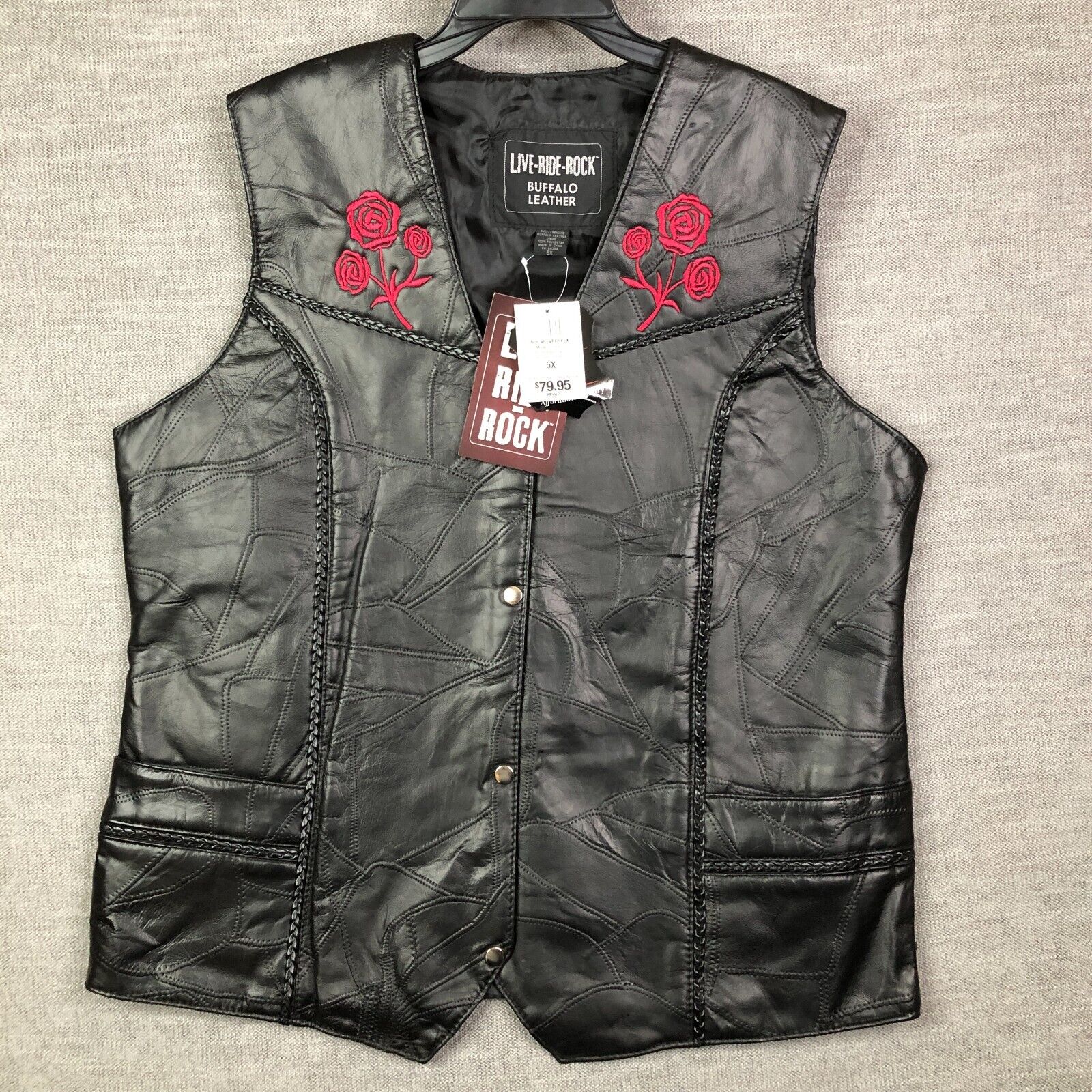 Live Ride Rock Vest Womens 5XL Black Buffalo Leather Embroidered Roses Snap Up