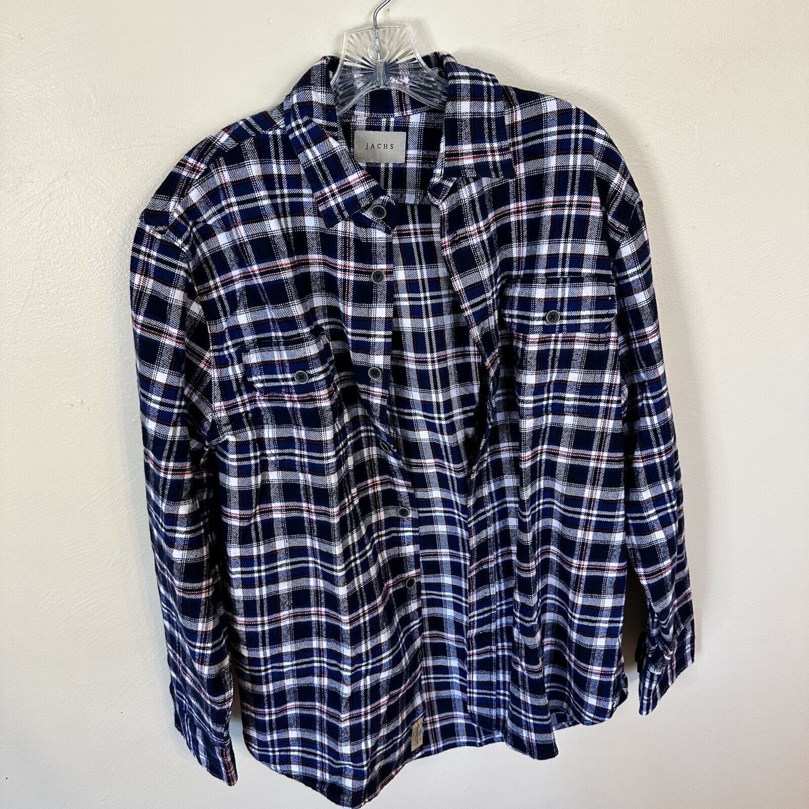 JACHS Flannel Shirt Mens Medium Blue Plaid J.A.C.H.S. Long Sleeve Vtg 90s GRUNGE