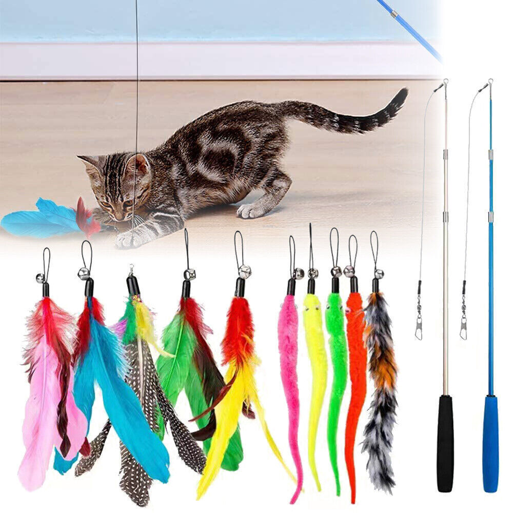 12Pcs Cat Kitten Toy Feather Bell Wand Teaser Rod Interactive Play Pet Toys Gift