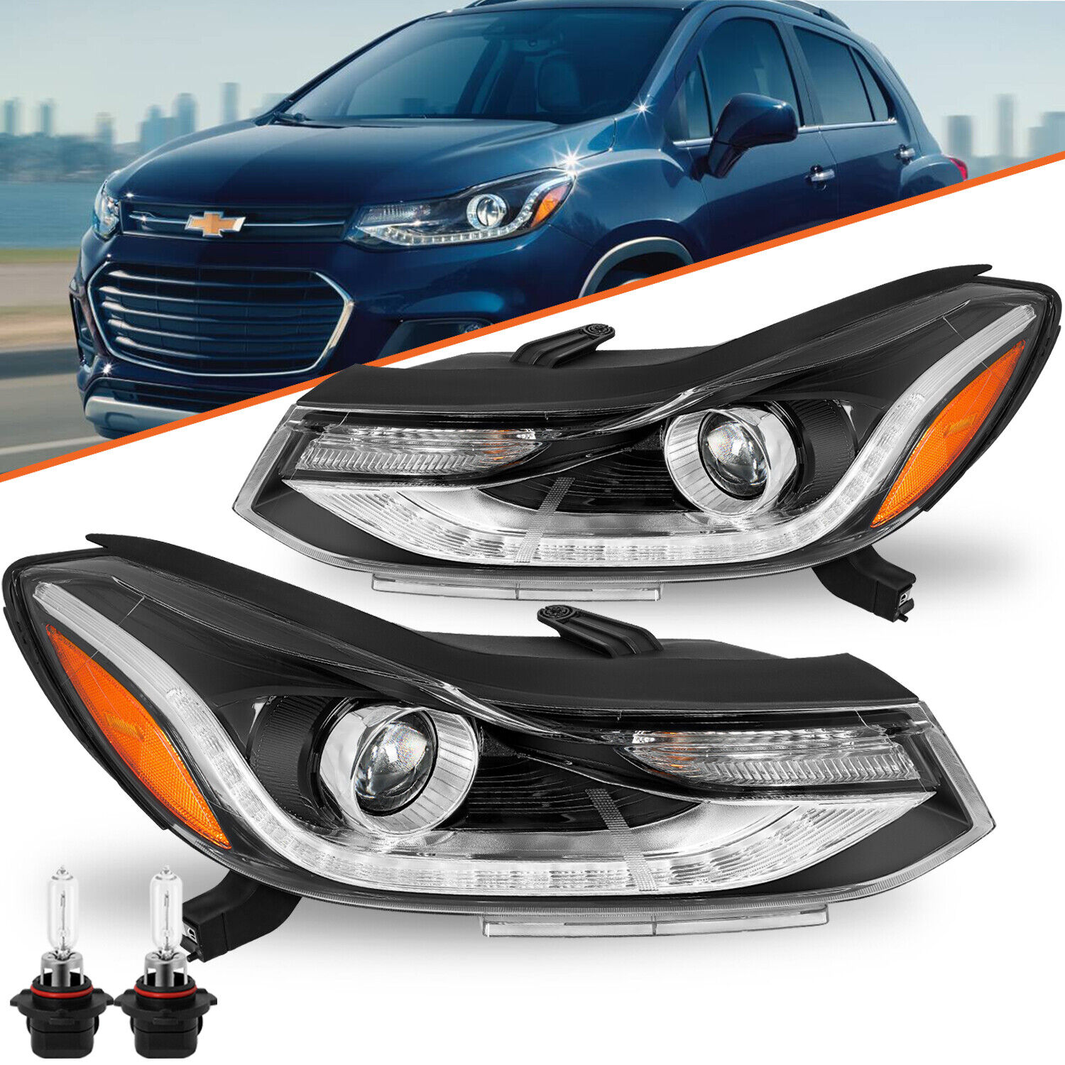 For 2017-2022 Chevy Trax Headlight Projector Halogen Headlamp Set w/ LED DRL